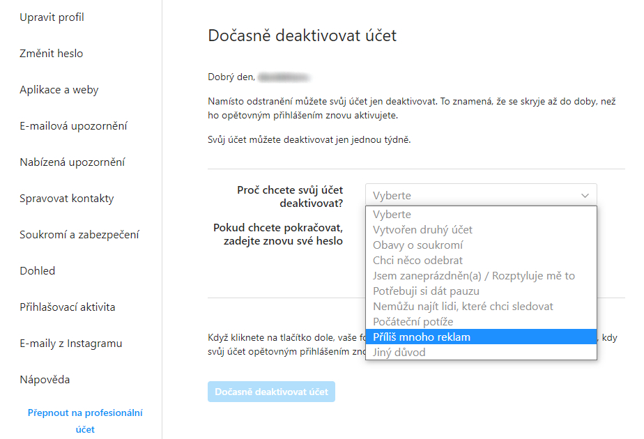 Deaktivace účtu na Instagramu