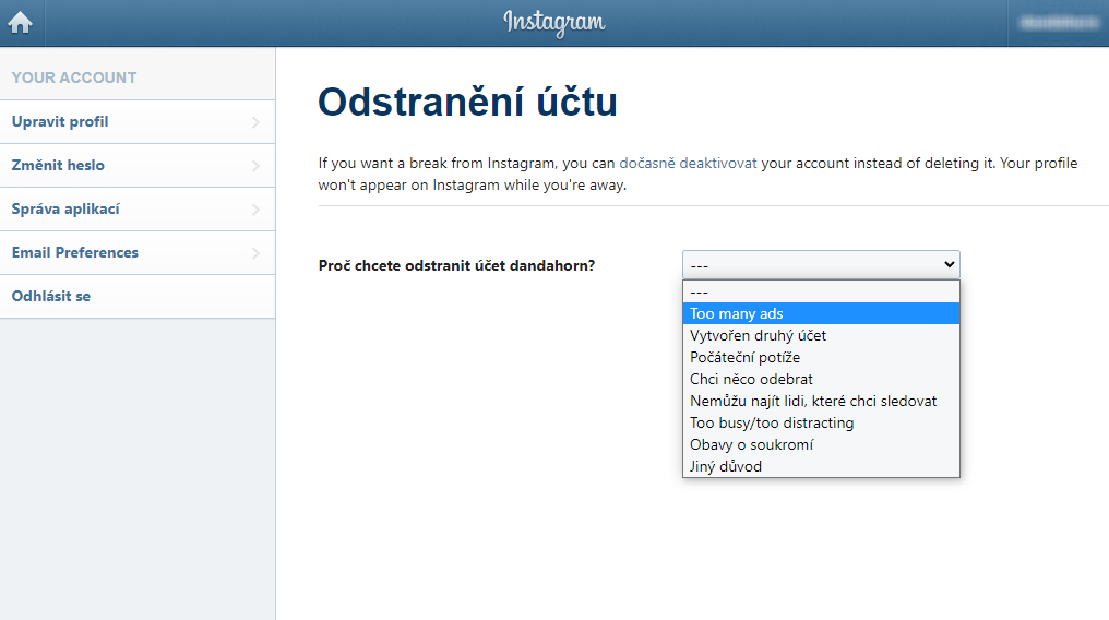 Odstranění účtu na Instagramu